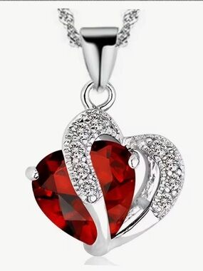 Sterling Silver Red Heart Pendant Necklace with Cubic Zirconia Accent